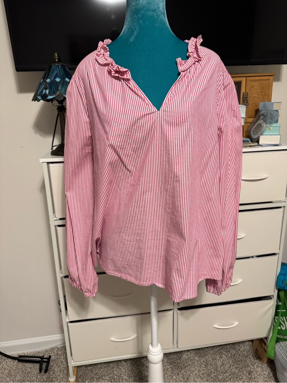 J. Crew Ruffled V-Neck Light Pink/Light Red Stripe Blouse